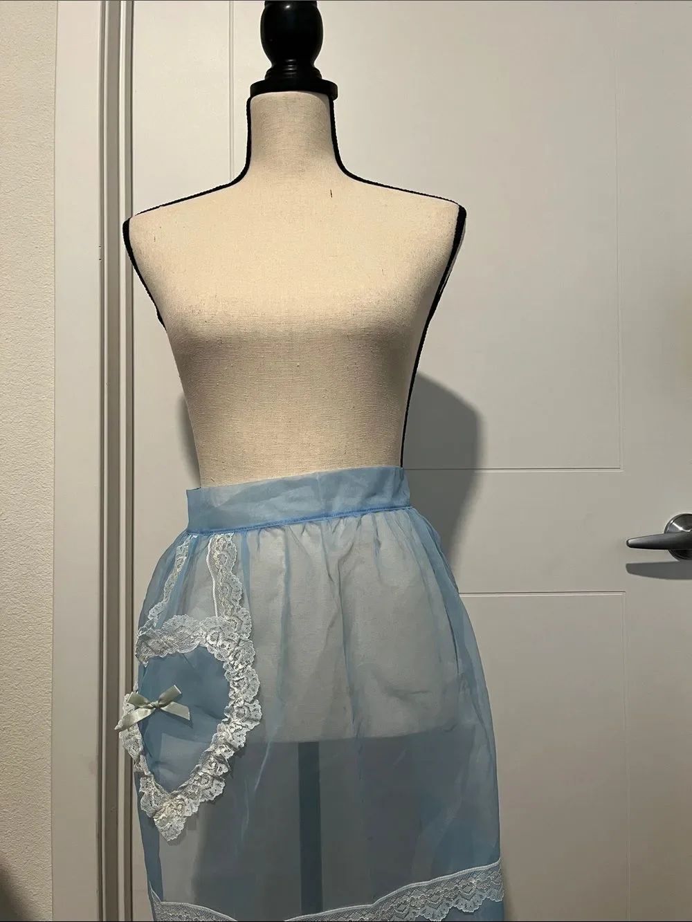 Vintage Blue Sheer Lace Ribbon Heart Pocket Apron Skirt Feminine Romantic Retro